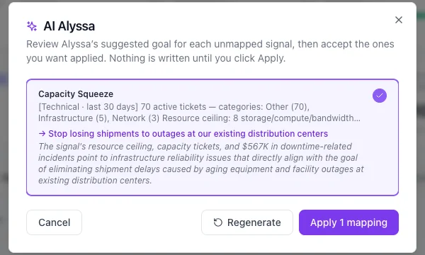 AI Alyssa dialog suggesting a goal for the Capacity Squeeze signal, with an Apply 1 mapping button.