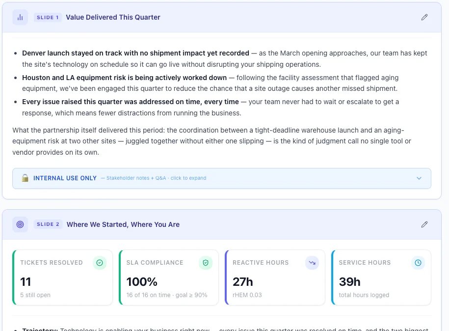 Generated quarterly business review. Slide 1, Value Delivered This Quarter, lists outcomes in plain language.